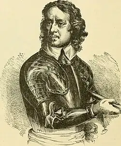Portrait d'un homme en armure, probablement de la Renaissance, représenté de trois quarts. Ses cheveux longs, son visage aux traits précis et son expression neutre incarnent la dignité d'un noble guerrier, dans un style de gravure ancienne aux jeux d'ombres et de lumières contrastés.