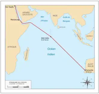 Carte de l'océan Indien avec l'itinéraire suivi par les navires impliqués dans l'opération Pamphlet.