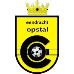 blason jaune bordé de noir avec des écritures en noir et surmonté d'une couronne.