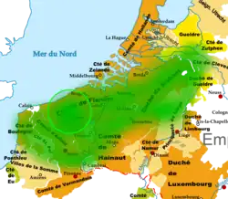 Diffusion de l'oie flamande à partir de l'ouest du comté de Flandre jusque vers la Somme en France et le comté de Zutphen aux Pays-Bas