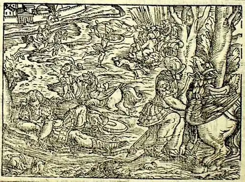 L'image représente de très nombreuses scènes avec une créature mi-cheval et mi-oiseau.