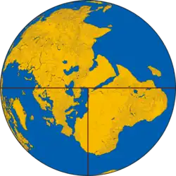 Dessin d'un disque bicolore, avec des zones bleues figurant les étendues d'eau et de zones jaunes figurant les terres émergées.