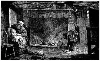 Humble intérieur paysan : plafond bas, cheminée avec un maigre feu, objets utilitaires sur le manteau et au sol, mais deux jolies chaises (une à droite, une à gauche). Au premier plan, à gauche, une vieille femme assise, penchée vers un enfant malingre gisant sur ses genoux