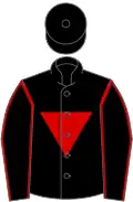 Black, red inverted triangle, red seams on sleeves, black cap