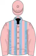 Pink and light blue stripes, pink sleeves and cap