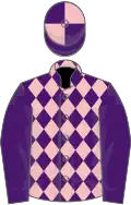 Purple and pink diamonds, purple sleeves, quartered cap