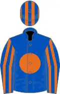 Royal blue, orange disc, striped sleeves and cap