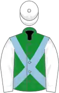 Green, light blue cross-belts, white sleeves and cap