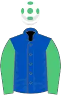 Royal blue, emerald green sleeves, white cap, emerald green spots