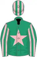 Emerald green, pink star, striped sleeves and cap