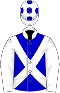 Blue, white sleeves, collar and cross-belts, white cap, blue spots