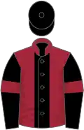 Maroon, black stripe, black sleeves, maroon armlets, black cap