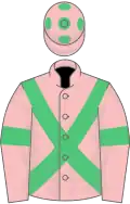 Pink, emerald green cross belts, armlets and spots on cap