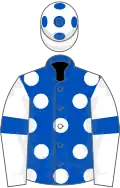 Royal blue, white spots, white sleeves, royal blue armlet, white cap, royal blue spots