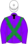 Violet, green cross-belts, white cap
