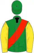 Green, scarlet sash, yellow sleeves