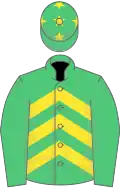 Emerald green, yellow chevrons on body, green cap, yellow stars