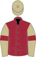 Maroon, beige sleeves, maroon armlets, beige cap