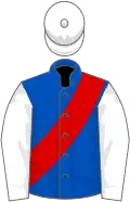Blue, red sash, white sleeves, white cap
