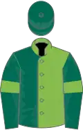 Light green and dark green( halved), dark green sleeves, light green armlets, dark green cap