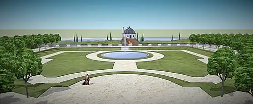 Vue depuis la terrasse du parterre sud de Conflans, avec le moulin dans le fond, état vers 1770.