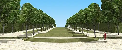 Schéma 3D de l'allée qui monte aux jardins hauts de Pontchartrain, vers 1700.