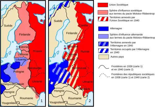 Deux cartes en couleur représentent la partition de la Pologne par le pacte germano-soviétique. La première montre les sphères d'influences respectives des deux puissances, et la seconde, les zones d'occupation en 1940.