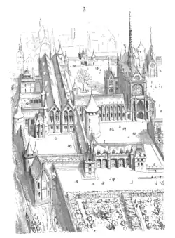 Conciergier (en haut à gauche) au XVIe siècle, dessiné par Eugène Viollet-le-Duc.