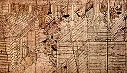 Peinture. Gros plan sur une ruelle. Une dizaine de villageois sont effrayés ou stupéfaits par un bol doré, en bas à gauche, qui semble s'animer comme par magie.