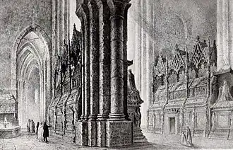 Panteons de Poblet (intérieur de l'abbaye de Poblet), lithographie de Francisco Javier Parcerisa dans Recuerdos y bellezas de España&nbsp;(es) (volume sur la principauté de Catalogne, 1839).