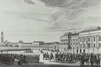 Parade militaire dans le jardin public de Potsdam (vers 1806), gravure, Dresde, Bibliothèque du Land de Saxe.