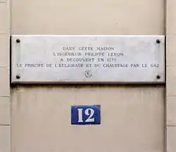 Plaque en l’honneur de Philippe Lebon apposée sur la façade du  12, rue Saint-Louis-en-l’Île (île Saint-Louis, 4e&nbsp;arrondissement de Paris)