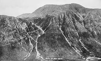 Noir et blanc, sentier sinueux et escarpé sur petite montagne vue d'une certaine aisance à droite
