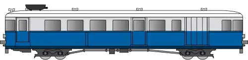 Autorail avec un bas de caisse bleu foncé, un haut de caisse gris clair et un toit blanc.