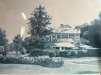 Peinture représentant le Pavillon Élysée. Date inconnue. Artiste « Duvergé BE » (à confirmer).