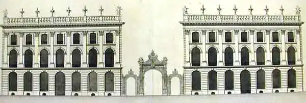 Façade initiale des pavillons latéraux et projet de grille.