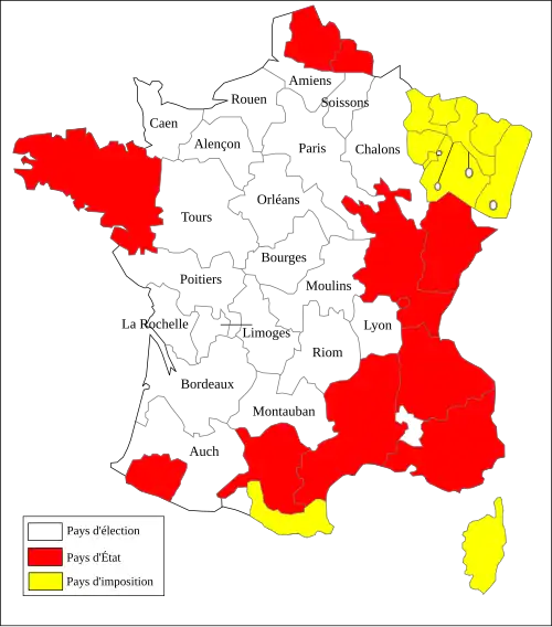 Carte représentant avec des traits noirs et des aplats rouges et jaunes les limites des différents pays et leur statut