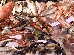 la photographie en couleur montre un assortiment de poissons de toute taille sur un lit de glace de poissonnerie. Des antennes de crustacés et des calmars complètent la scène.