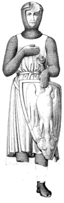 Dessin en noir et blanc en pied représentant un homme en cotte de maille et tenant un bouclier.