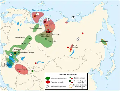 Carte montrant les gisements de pétroles dans les anciennes républiques soviétiques.
