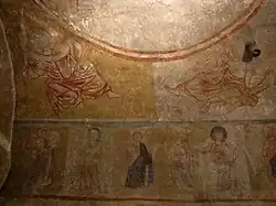 Fresques (XIVe) : évangélistes (Mathieu et Marc), apôtres(1. Mathieu, 2. Jacques le Mineur, 4. Pierre, 5. Simon le Zélote).