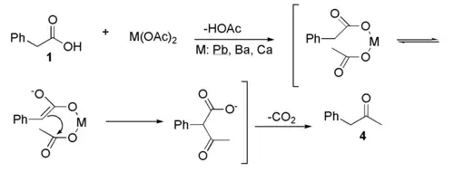 Une méthode de synthèse de la phénylacétone, à partir de l'acide phénylacétique et d'un diacétyle métallique.