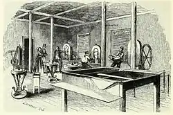 Dessin représentant cinq personnes dans une salle avec des machines pour frapper des pièces de monnaie.