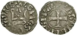 Denier de Philippe de France, « comte du Poitou », qui deviendra le roi de France Philippe V, 1311-1316. +PHILIPPVS à croix cantonnée, PICTAVIENSIS, demi-lys et armes de Castille.