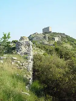 Colline végétalisée, pans de murs de pierres blanches