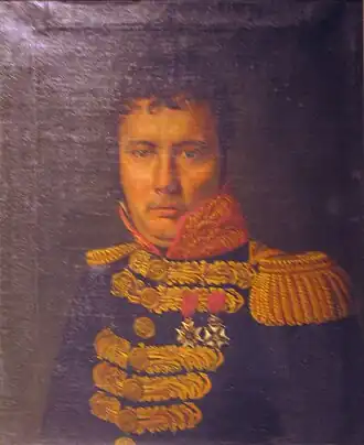 Peinture sur huile du portrait en buste de trois-quarts d'un officier de marine.