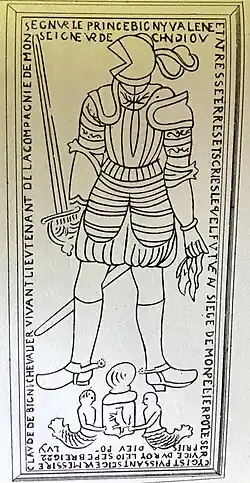 Pierre tombale de Claude de Bigny en habit de combat, mort le 10 septembre 1622.