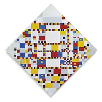 Victory Boogie-Woogie, 1944, le dernier tableau de Mondrian, inachevé ; huile, papier collé, sur toile, 127,5&nbsp;×&nbsp;127,5&nbsp;cm, Gemeentemuseum.