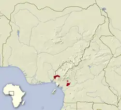 Carte montrant une minuscule tache orange et deux petites taches rouges pas très loin de la côte ouest du golfe de Guinée