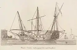 Pinque génois armé embarquant des marchandises au début du XIXe&nbsp;siècle.